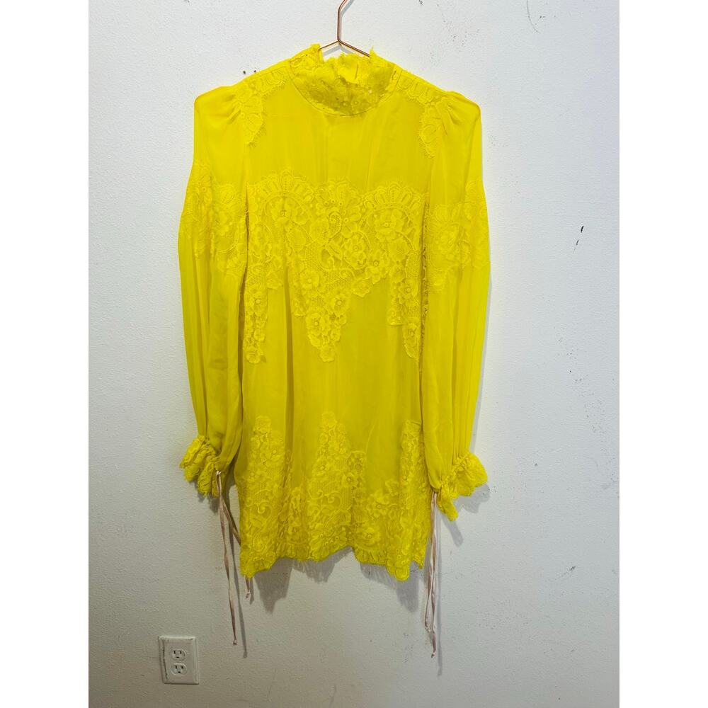 HOT AS HELL HAH Neon Yellow Lace Covered Long Sleeve High Neck Mini Dress sz S - Picture 2 of 16